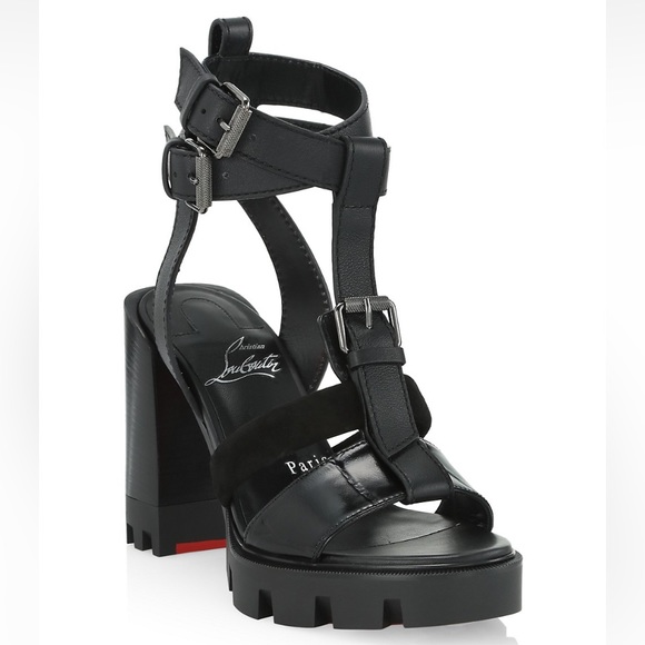Christian Louboutin Belted T-Strap Lug Leather Sandals - Picture 2 of 11